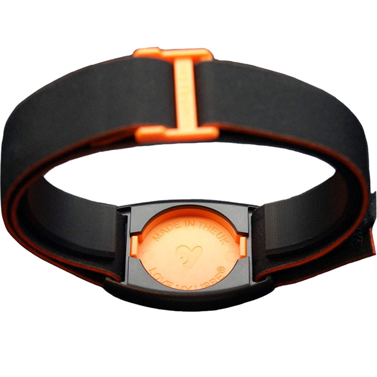 Reverse of Libreband CGM armband for FreeStyle Libre 2 with orange cover and water-resistant neoprene strap, for everyday wear, sport and swimming. LML4566, LML2890, LML2838, LML2845.