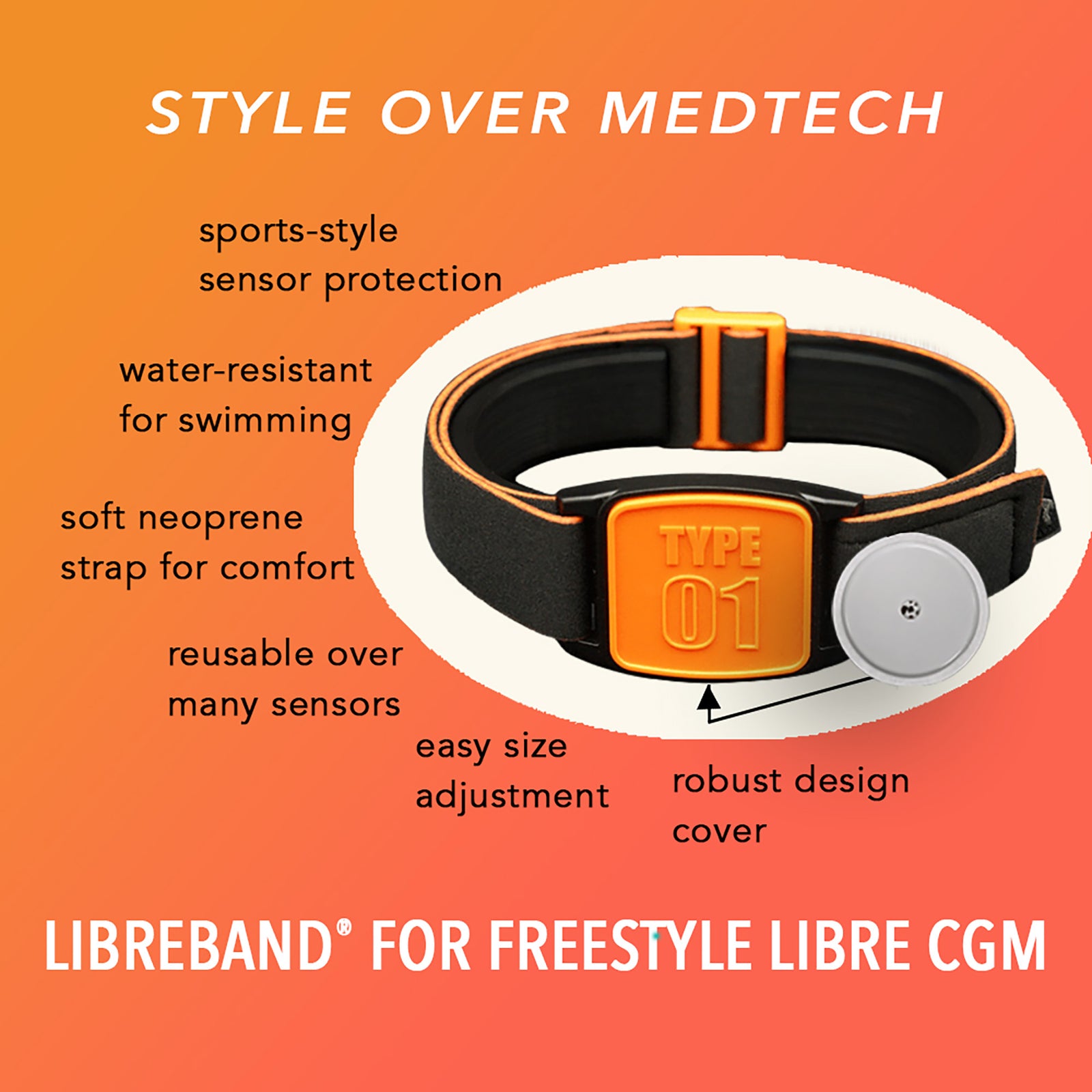 Libreband CGM armband for FreeStyle Libre 2 with orange Type 01 cover and water-resistant neoprene strap on wooden lounger in swimming pool setting . Inset of armband alongside sensor. LML4573, LML3019, LML2210, LML2227.