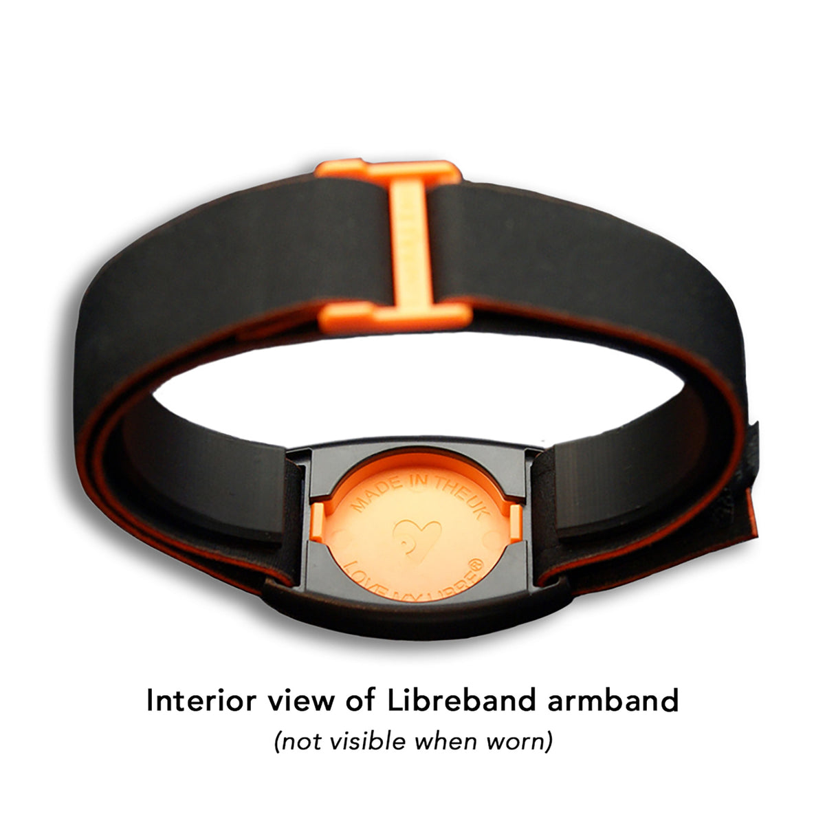 Reverse of Libreband CGM armband for FreeStyle Libre 2 with orange cover and water-resistant neoprene strap. LML4597, LML2975, LML2258, LML2265.