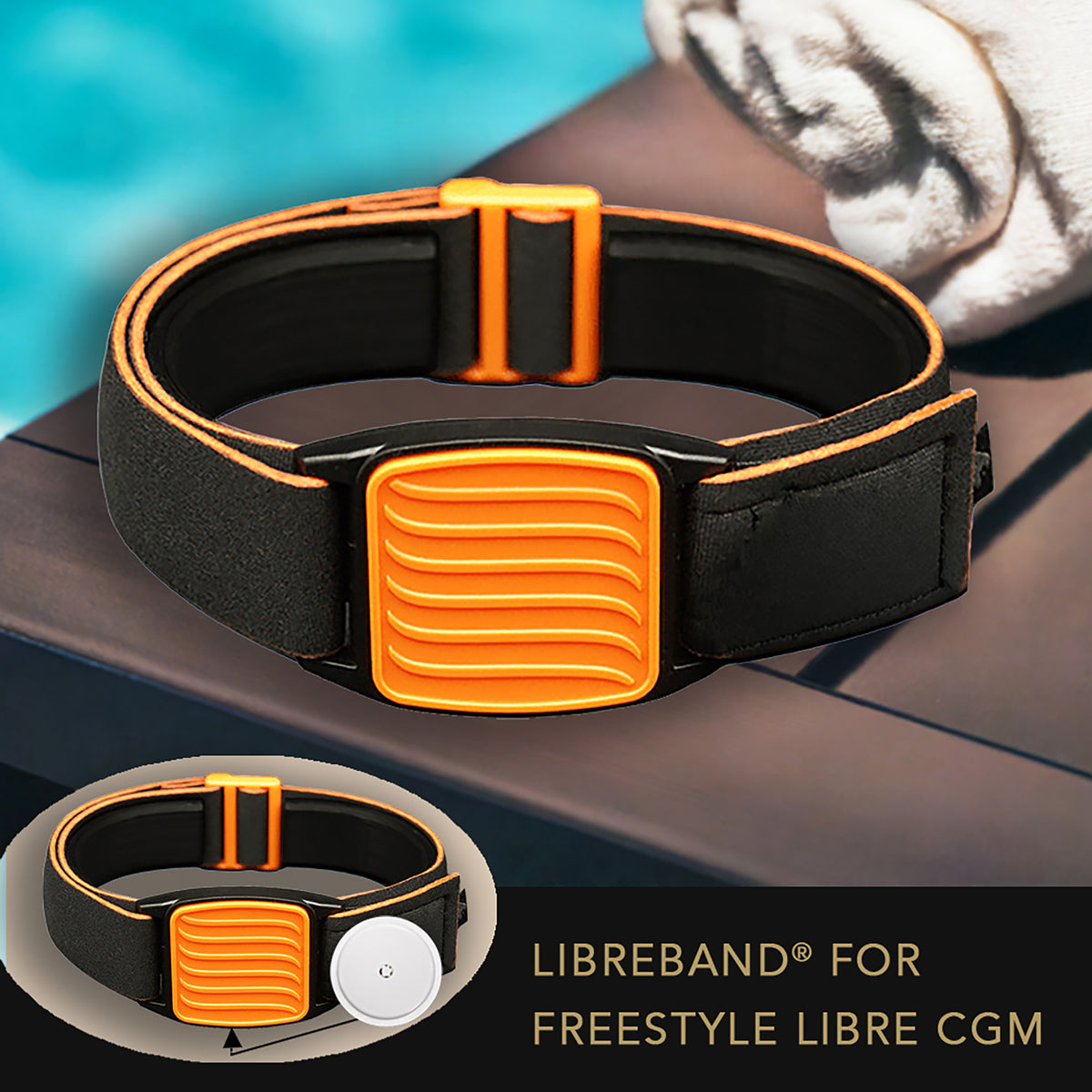 Libreband CGM armband for FreeStyle Libre 2 with orange wave cover and water-resistant neoprene strap on wooden lounger in swimming pool setting. LML4597, LML2975, LML2258, LML2265.