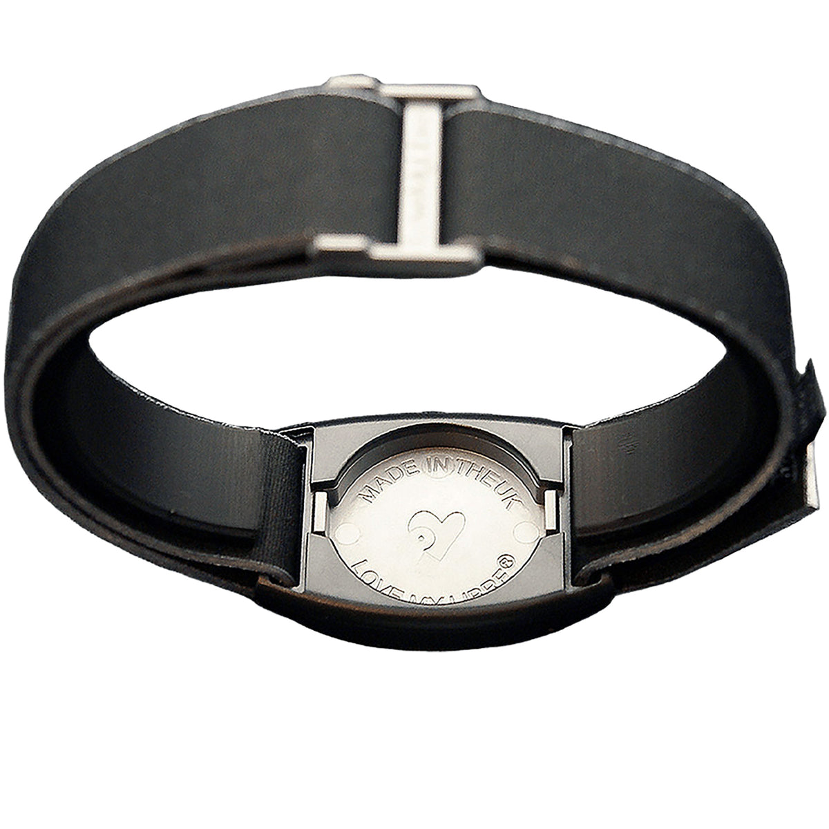 Reverse of Libreband CGM armband for FreeStyle Libre 2 with pewter cover and water-resistant neoprene strap. LML4603, LML3064, LML2494, LML2500.