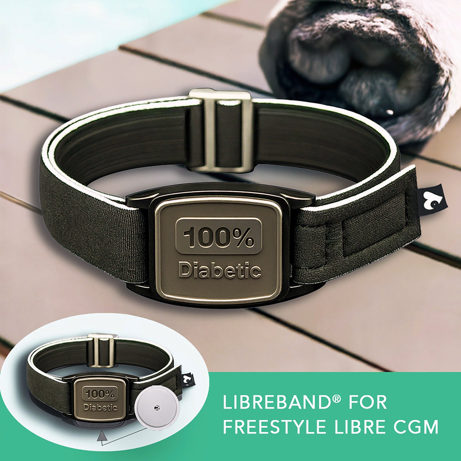 Libreband CGM armband for FreeStyle Libre 2 with pewter 100% Diabetic cover and water-resistant neoprene strap on wooden lounger in swimming pool setting. Inset of armband alongside sensor. LML4603, LML3064, LML2494, LML2500.