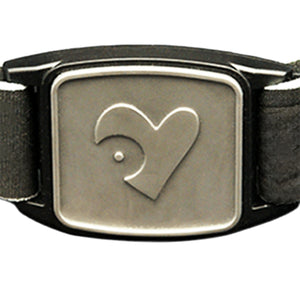 Libreband CGM armband pewter heart cover close-up, compatible with FreeStyle Libre 2, showing heart design detail.  LML4627, LML2944, LML2579, LML2586.