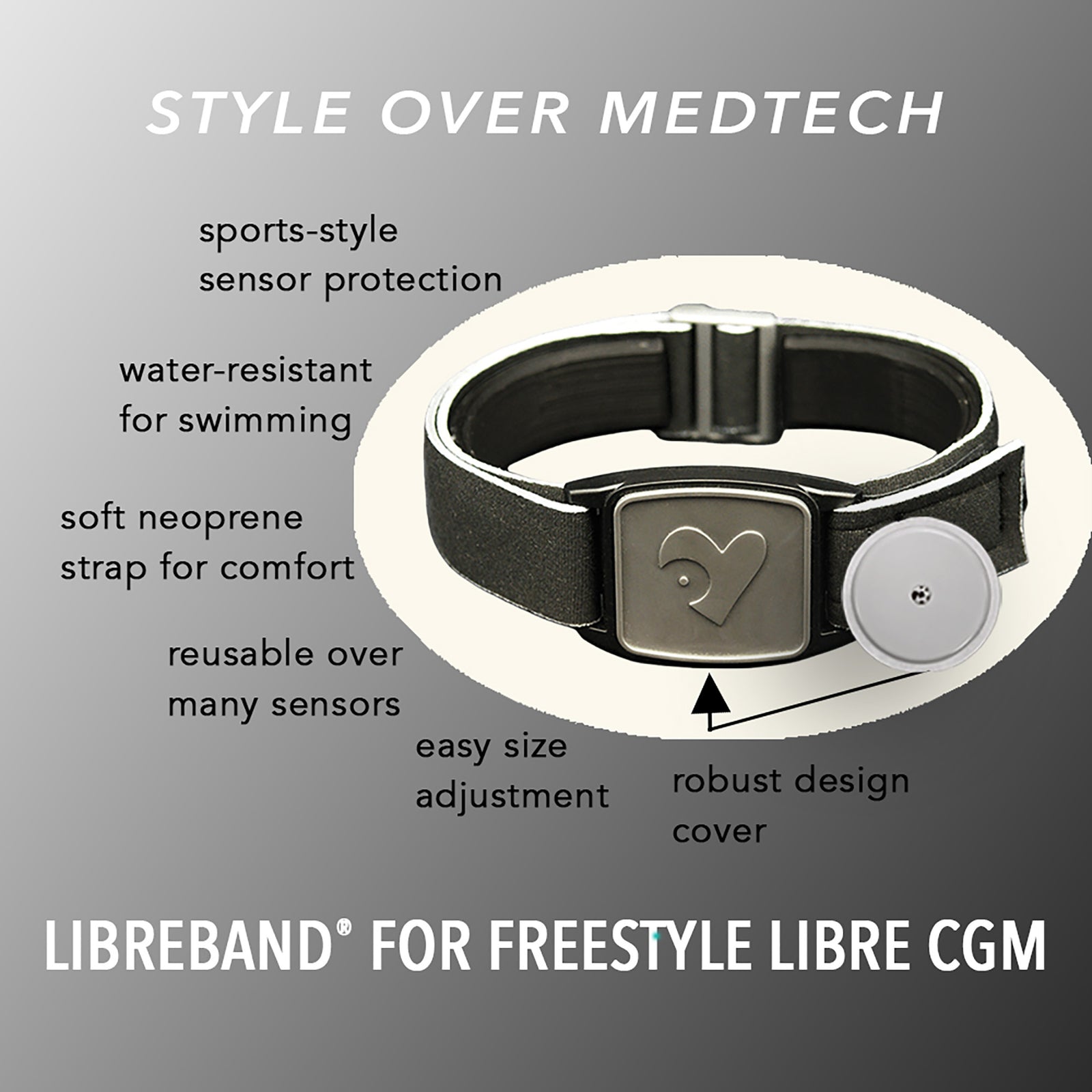 Libreband CGM armband for FreeStyle Libre 2 with pewter heart cover and water-resistant neoprene strap on wooden lounger in swimming pool setting. Inset of armband alongside sensor. LML4627, LML2944, LML2579, LML2586.