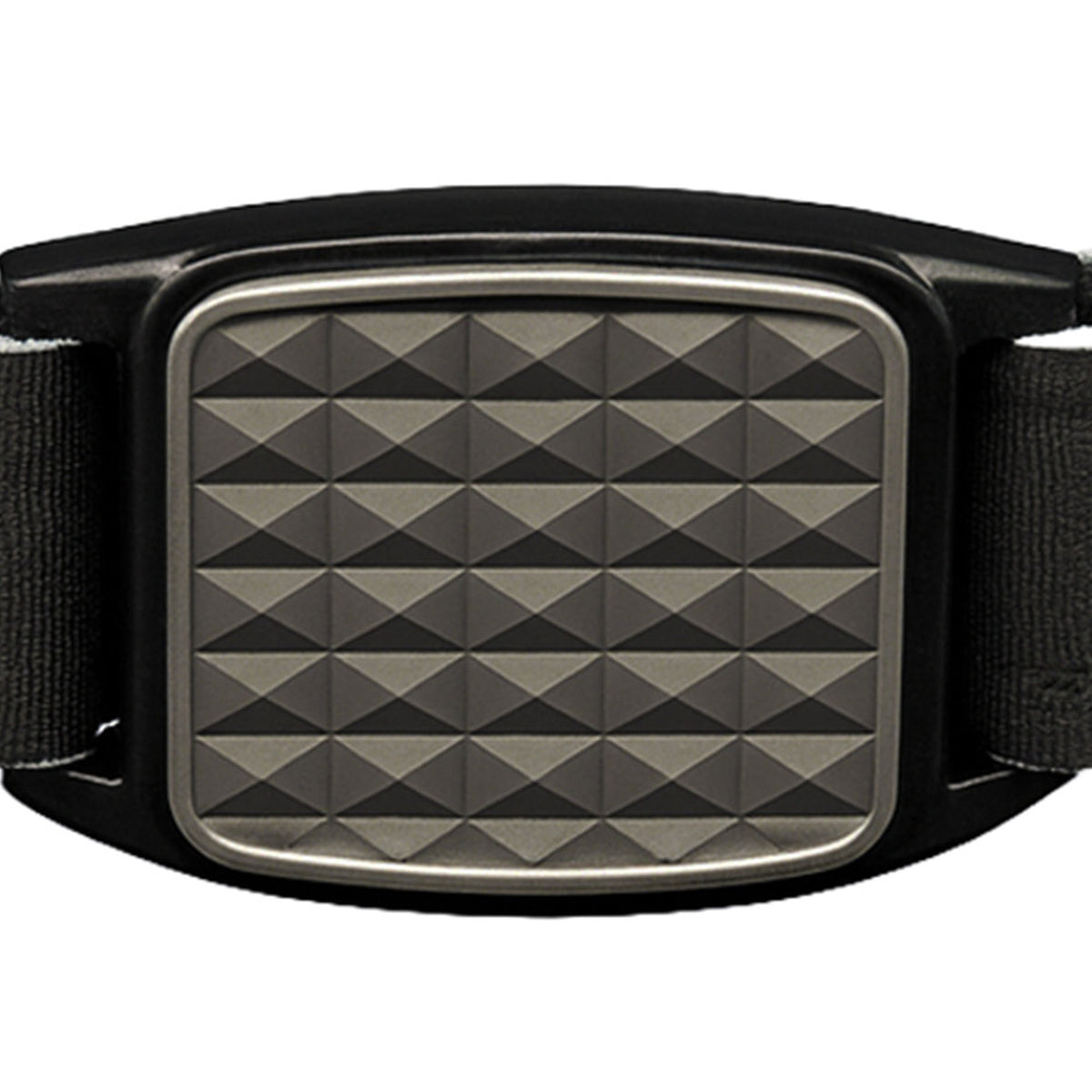 Libreband CGM armband pewter pyramids cover close-up, compatible with FreeStyle Libre 2, showing design detail. LML4634, LML2906, LML2616, LML2623.
