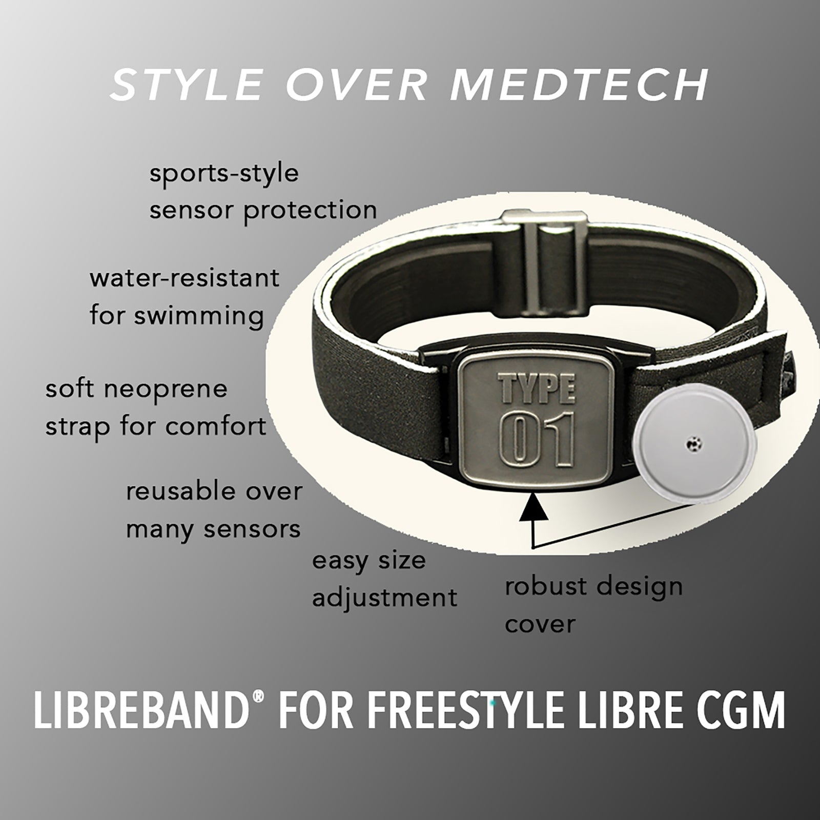 Libreband CGM armband for FreeStyle Libre 2 with pewter Type 01 cover and water-resistant neoprene strap on wooden lounger in swimming pool setting. LML4641, LML3026, LML2517, LML2524.