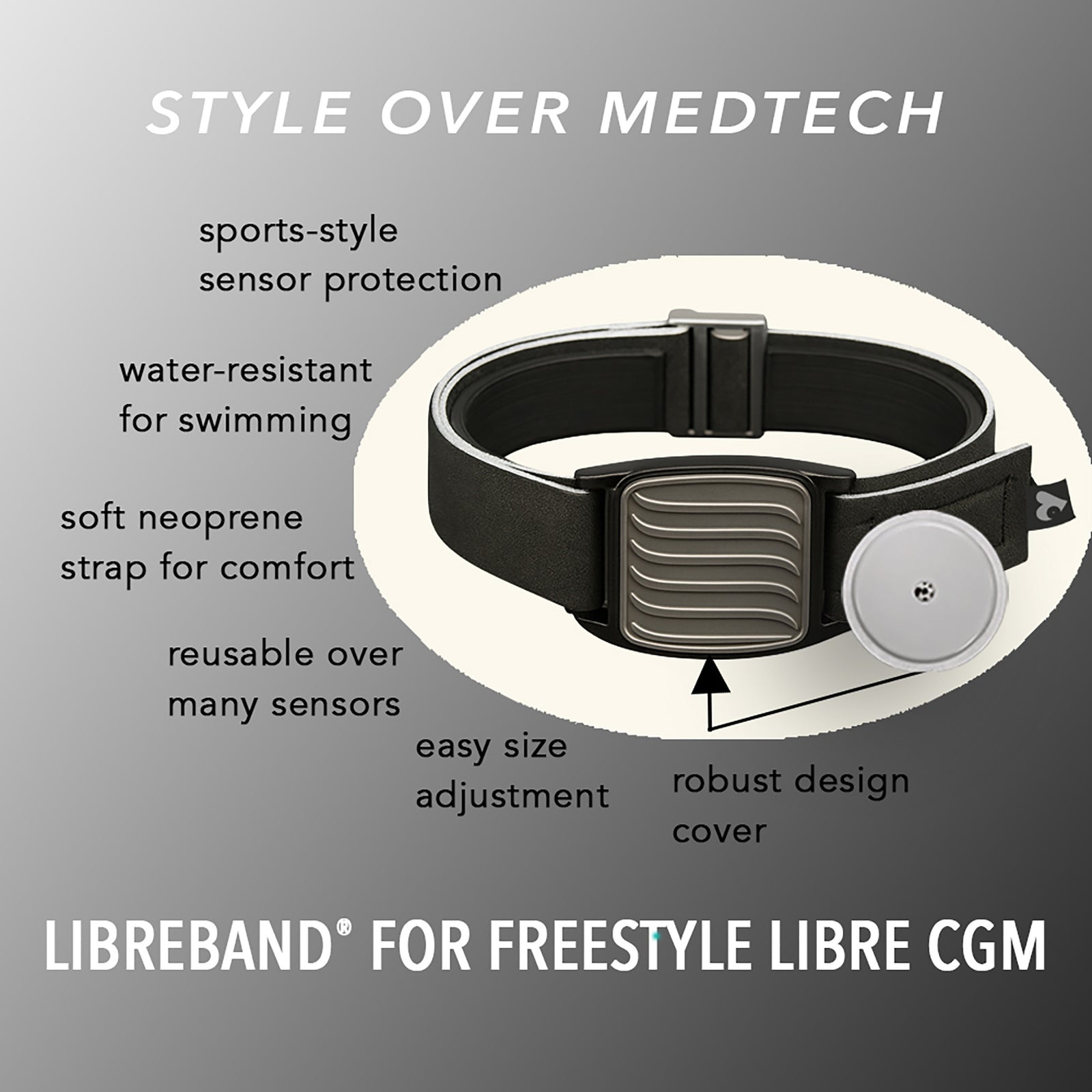 Libreband CGM armband for FreeStyle Libre 2 with pewter wave cover and water-resistant neoprene strap on wooden lounger in swimming pool setting. LML4665, LML2982, LML2555, LML2562.