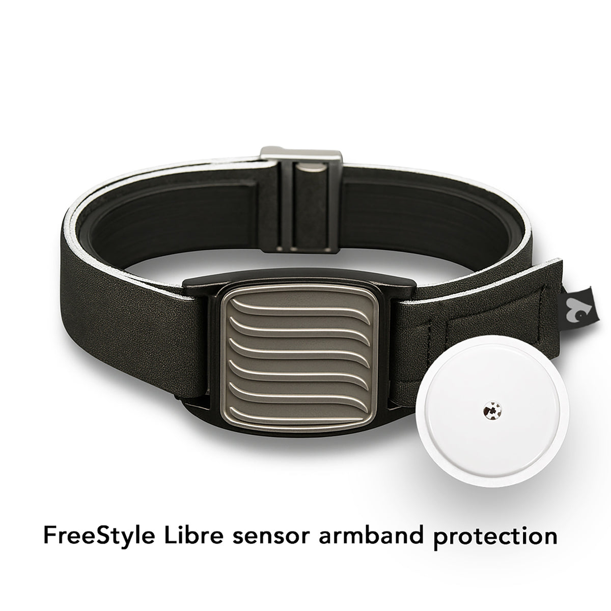 Libreband CGM armband for FreeStyle Libre 2 with pewter wave cover and neoprene strap shown alongside sensor. LML4665, LML2982, LML2555, LML2562.