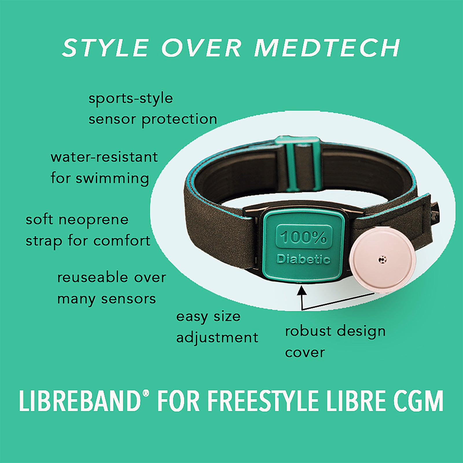 Libreband CGM armband for FreeStyle Libre 2 with teal 100% Diabetic cover and water-resistant neoprene strap on wooden lounger in swimming pool setting. LML4672, LML3033, LML2395, LML2401.