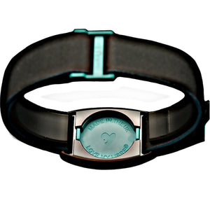 Reverse of Libreband CGM armband for FreeStyle Libre 2 with teal cover and water-resistant neoprene strap.  LML4672, LML3033, LML2395, LML2401.
