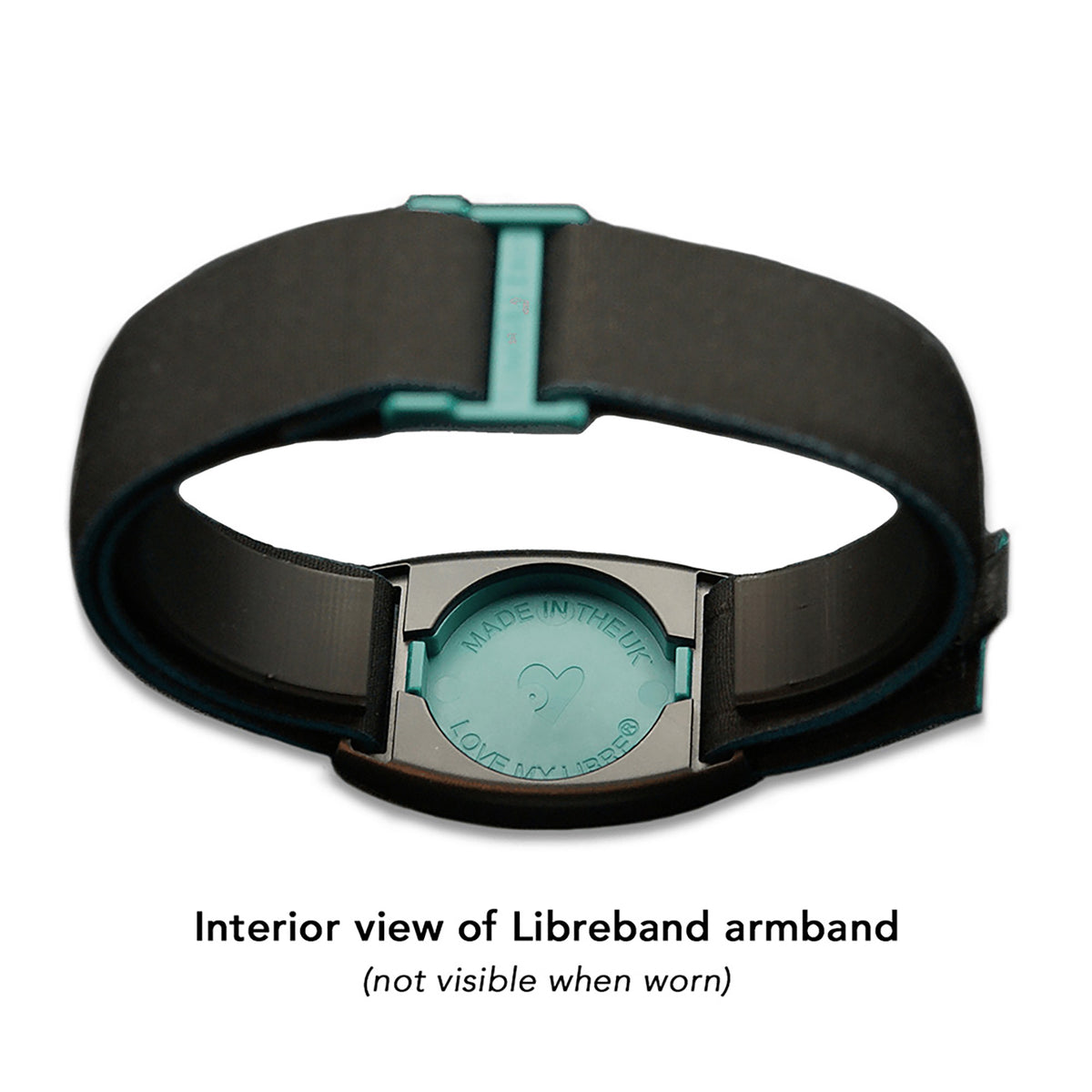 Reverse of Libreband CGM armband for FreeStyle Libre 2 with teal cover and water-resistant neoprene strap. LML4696, LML2913, LML2470, LML2487.