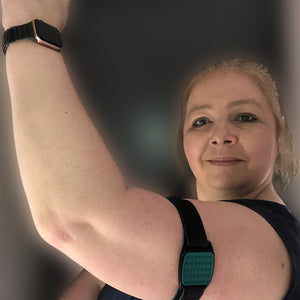 Libreband CGM armband for FreeStyle Libre 2 sensors with teal pyramids cover worn on upper arm to protect from knocks and falling off. LML4702, LML2876, LML2852, LML2869.