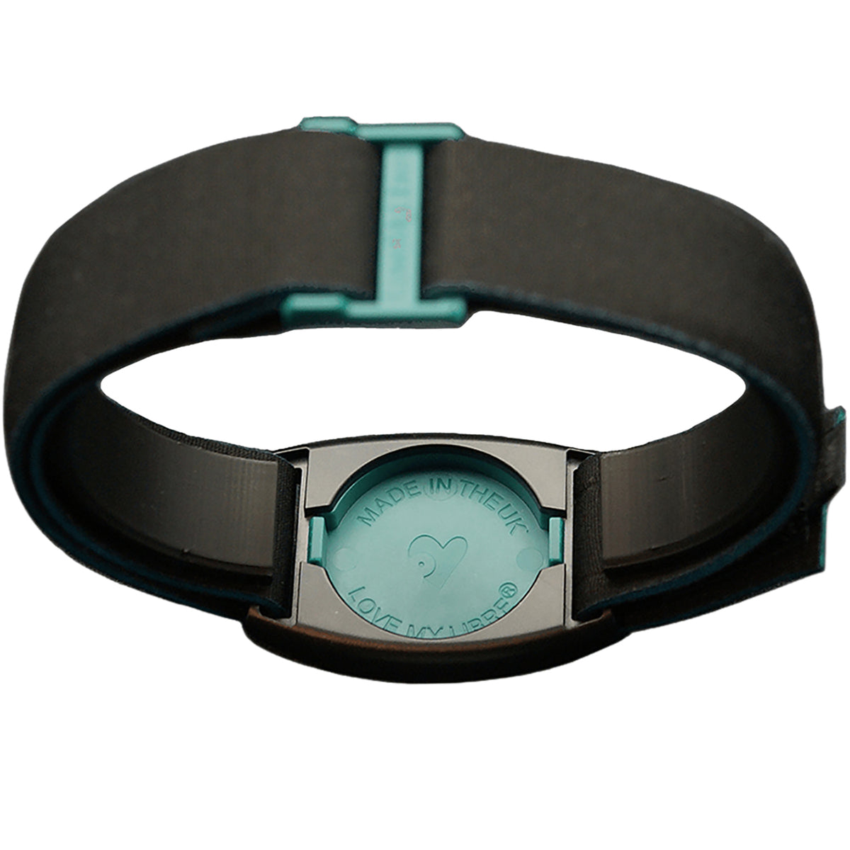 Reverse of Libreband CGM armband for FreeStyle Libre 2 with teal cover and water-resistant neoprene strap. LML4719, LML2999, LML2418, LML2425.