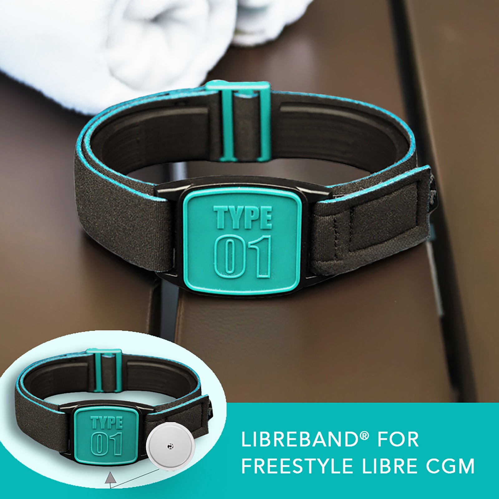Libreband CGM armband for FreeStyle Libre 2 with magenta type 01 cover and water-resistant neoprene strap on wooden lounger in swimming pool setting. LML4719, LML2999, LML2418, LML2425.