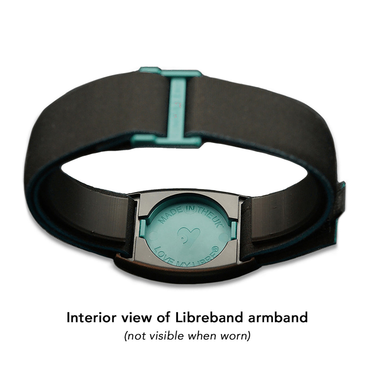 Reverse of Libreband CGM armband for FreeStyle Libre 2 with teal cover and water-resistant neoprene strap. LML4733, LML2951, LML2456, LML2463.