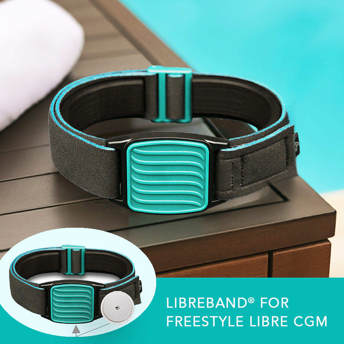 Libreband CGM armband for FreeStyle Libre 2 with teal wave cover and water-resistant neoprene strap on wooden lounger in swimming pool setting. LML2951, LML2456, LML2463.