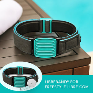Libreband CGM armband for FreeStyle Libre 2 with teal wave cover and water-resistant neoprene strap on wooden lounger in swimming pool setting. LML2951, LML2456, LML2463.