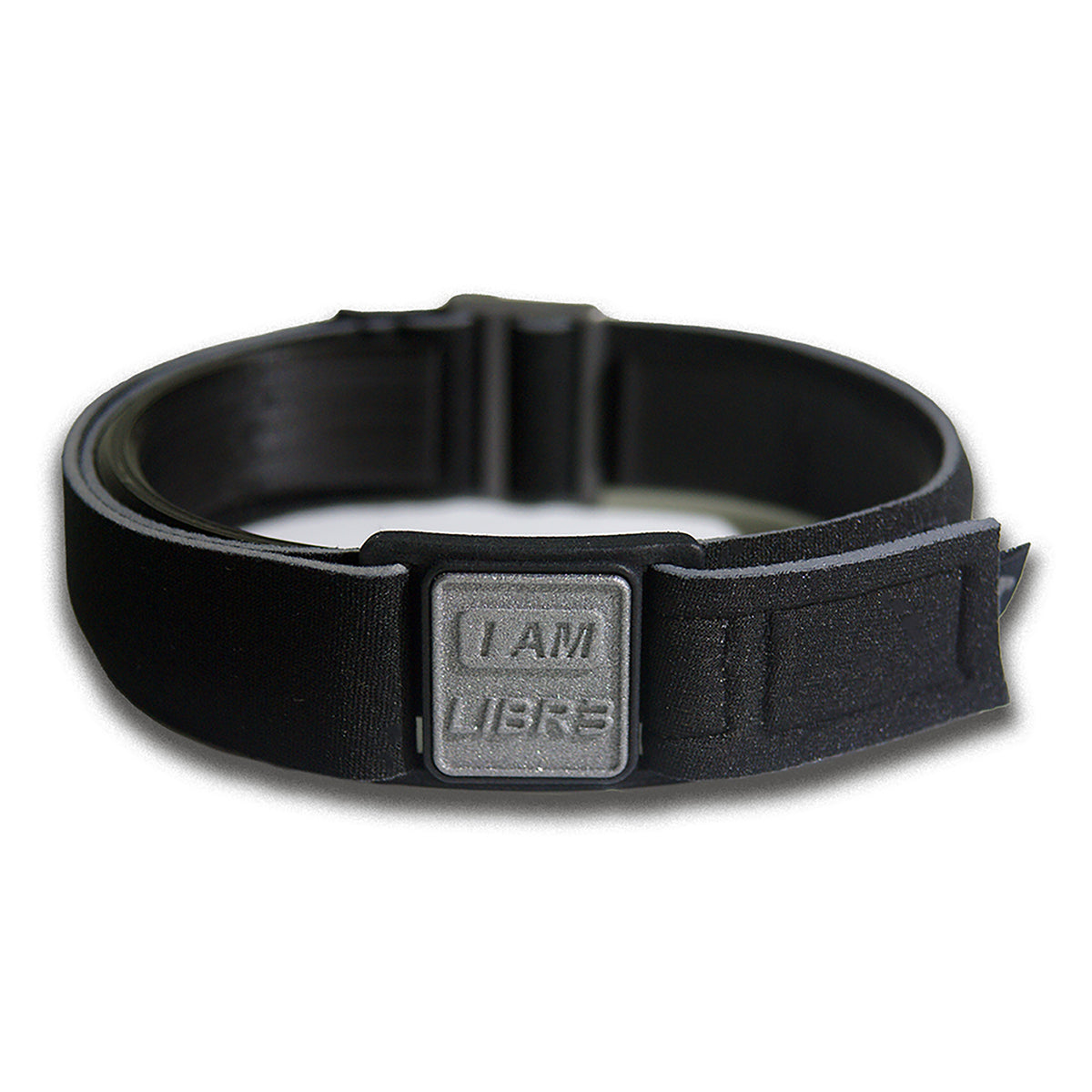 Close-up of Libreband CGM armband for FreeStyle Libre 3 with pewter I AM LIBR3 cover and water-resistant neoprene strap, for everyday wear, sport and swimming.  LML4788, LML4429, LML4412, LML4405.
