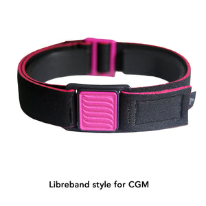 CGM armband for FreeStyle Libre 3 with magenta wave cover and black neoprene strap. LML4757, LML3767, LML3750, LML3743.