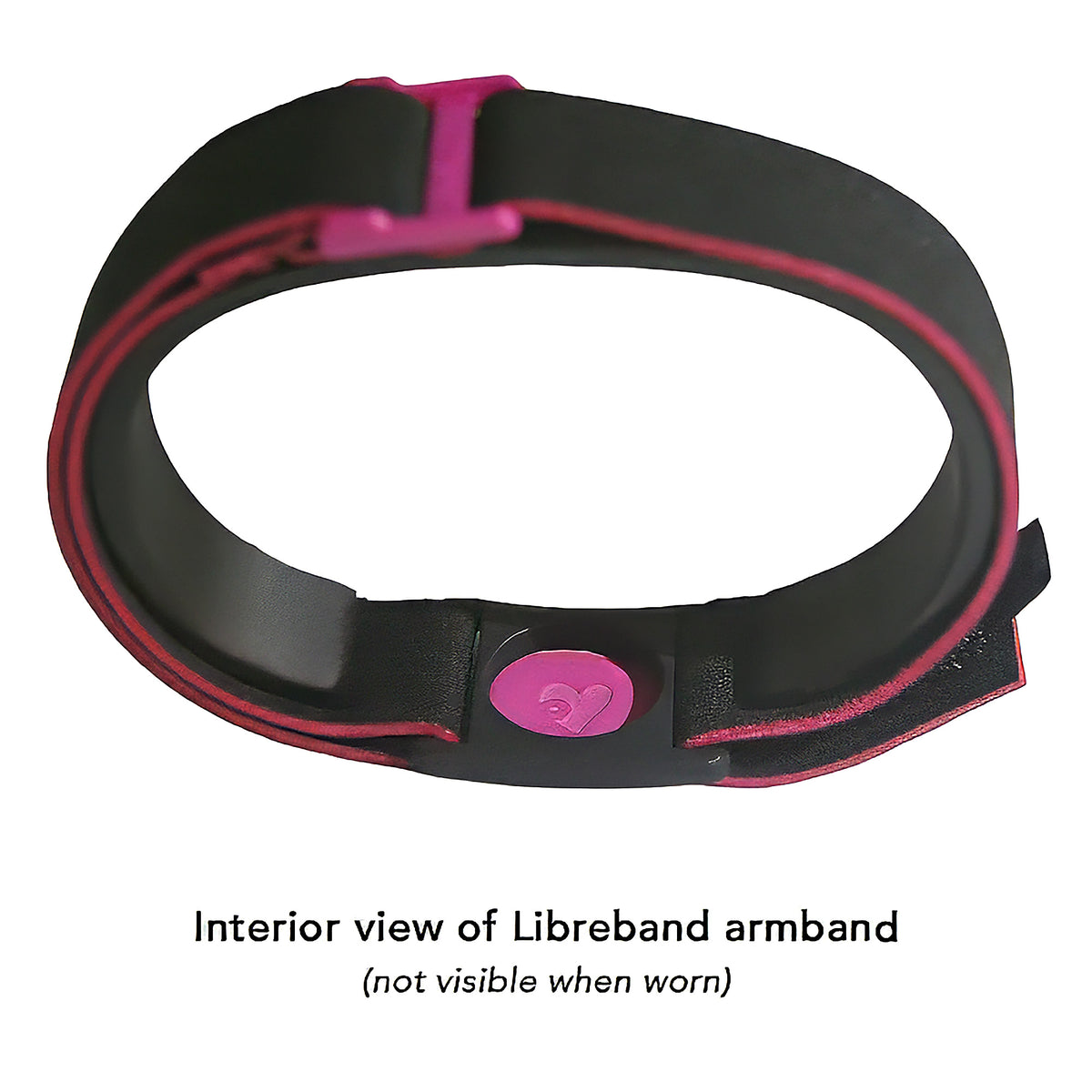 Reverse of Libreband CGM armband for FreeStyle Libre 3 with magenta cover and water-resistant neoprene strap. LML4757, LML3767, LML3750, LML3743.