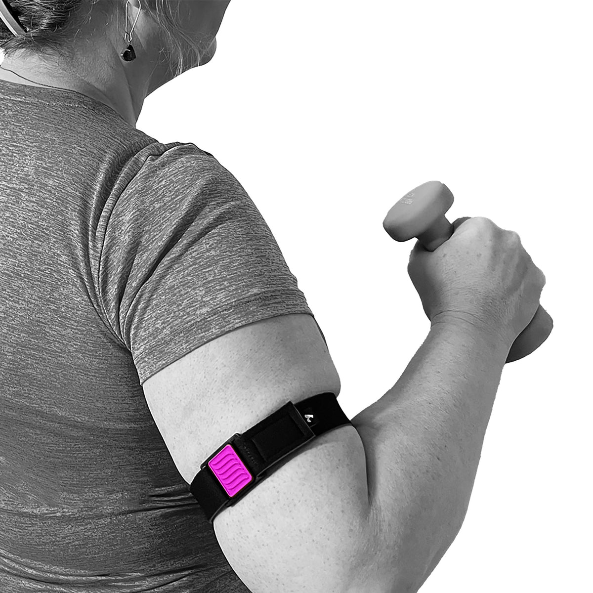 Libreband CGM armband for FreeStyle Libre 3 with magenta wave cover and water-resistant neoprene strap worn on upper arm exercising. LML4757, LML3767, LML3750, LML3743.