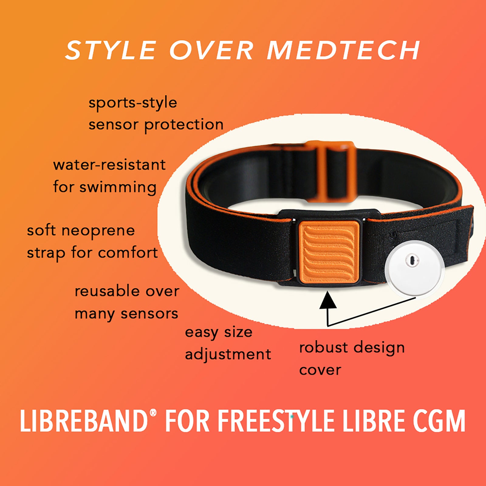 Libreband CGM armband for FreeStyle Libre 3 with orange wave cover and water-resistant neoprene strap on beach lounger