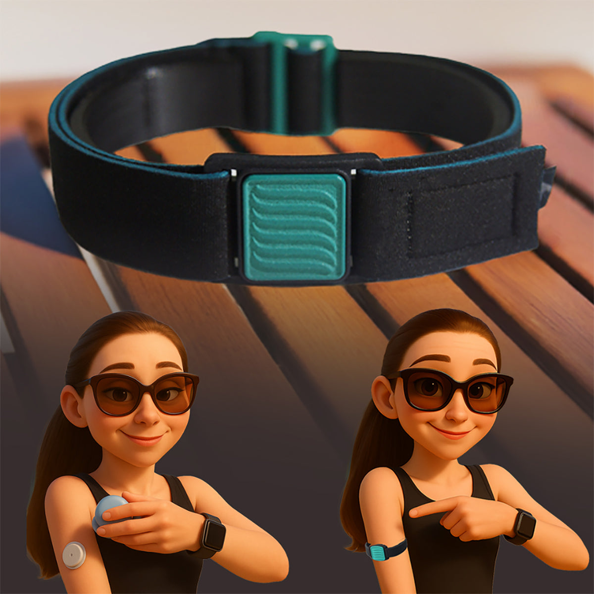 Libreband CGM armband for FreeStyle Libre 3 with teal wave cover and water-resistant neoprene strap on beach lounger for swimming and holidays