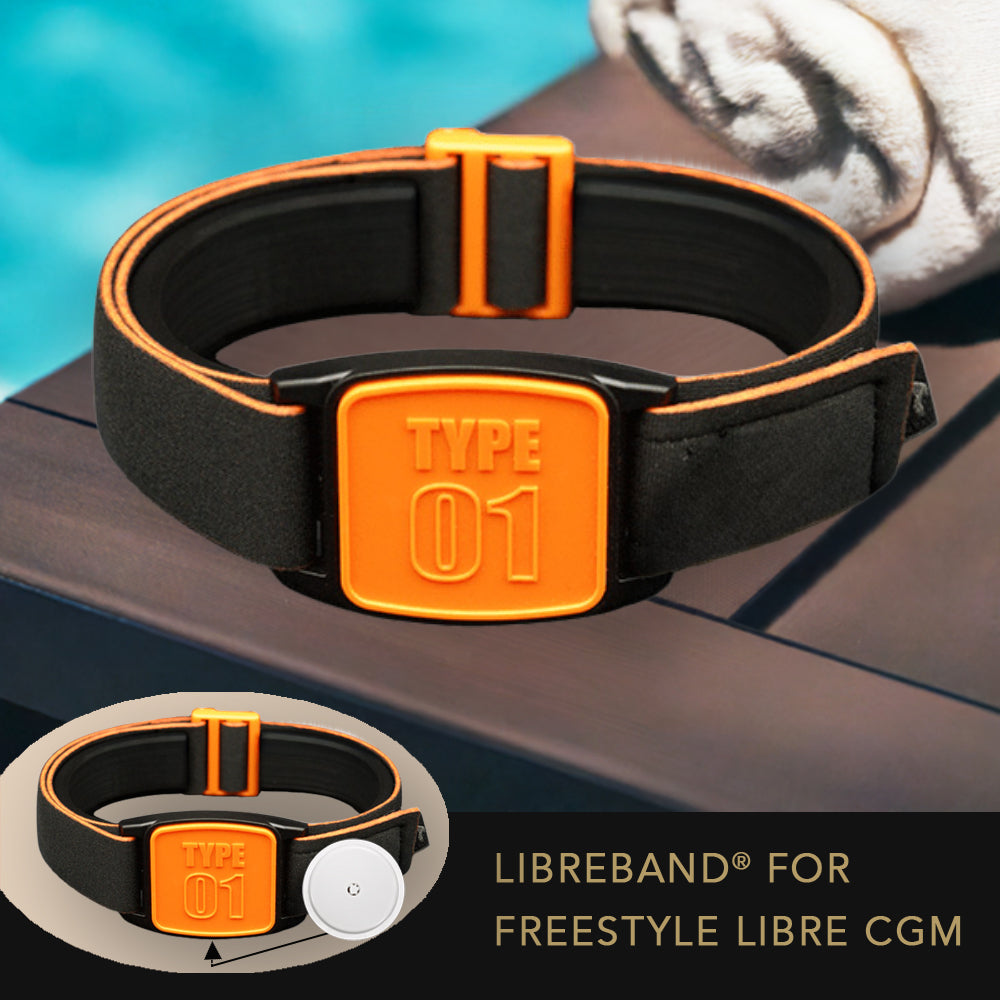 Libreband Armband for Freestyle Libre 1 & 2. Orange cover with TYPE 01 design.