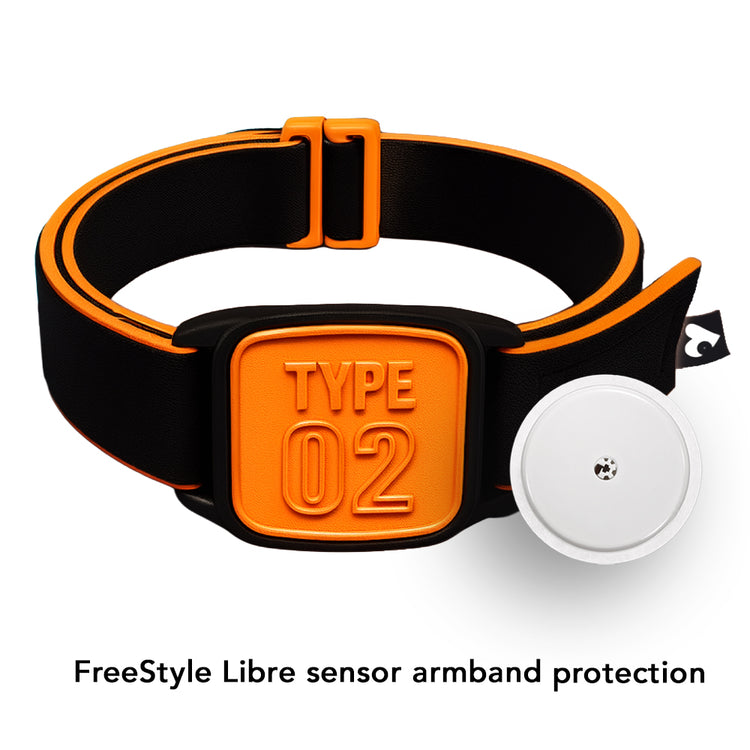 Libreband CGM armband for FreeStyle Libre 2 with orange Type 02 cover and neoprene strap shown alongside sensorr. LML4580, LML3644, LML2234, LML2241.