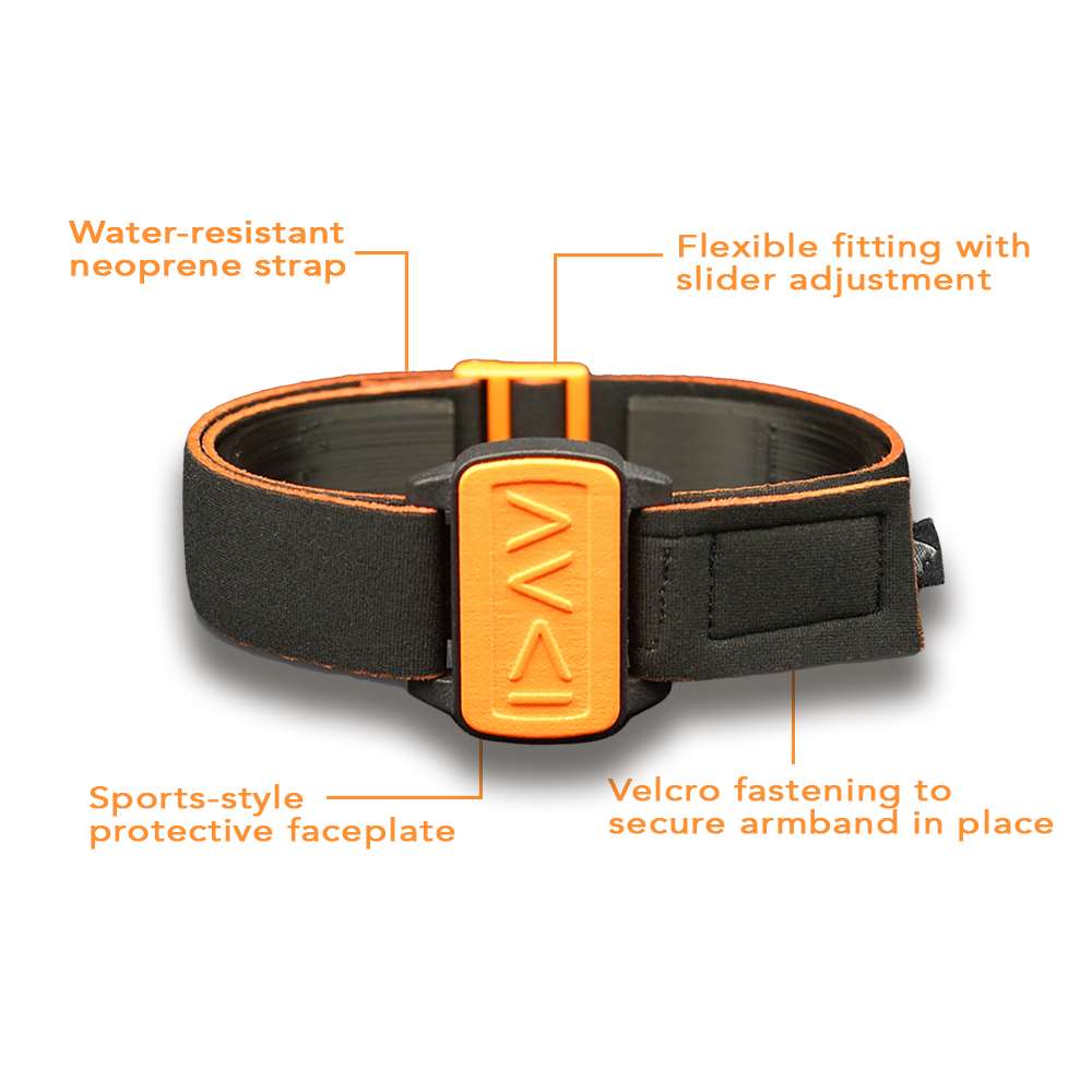 Features of Dexband; water-resistant strap; flexible fitting with slider adjustment; sports-style protective faceplate; and velcro fastening to secure armband in place.
