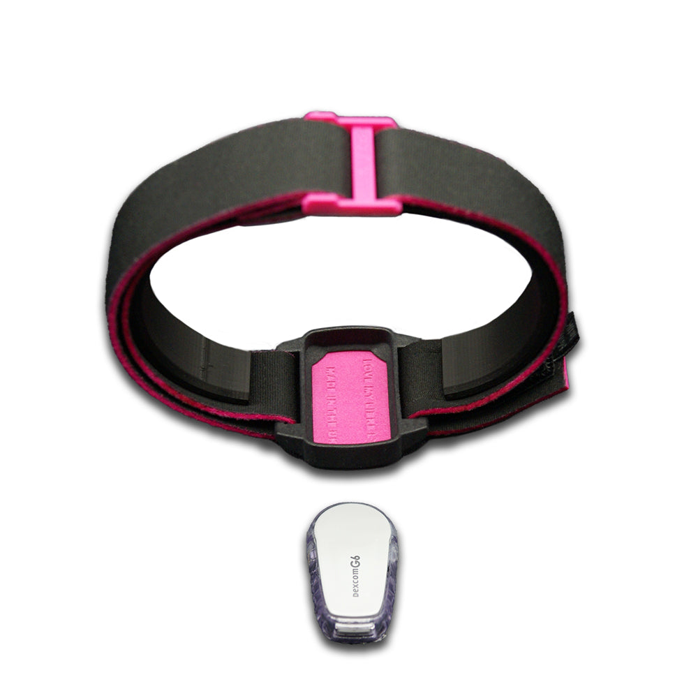 Reverse image of Dexband in magenta and black. Protection for Dexcom G6 sensor, shown on image.