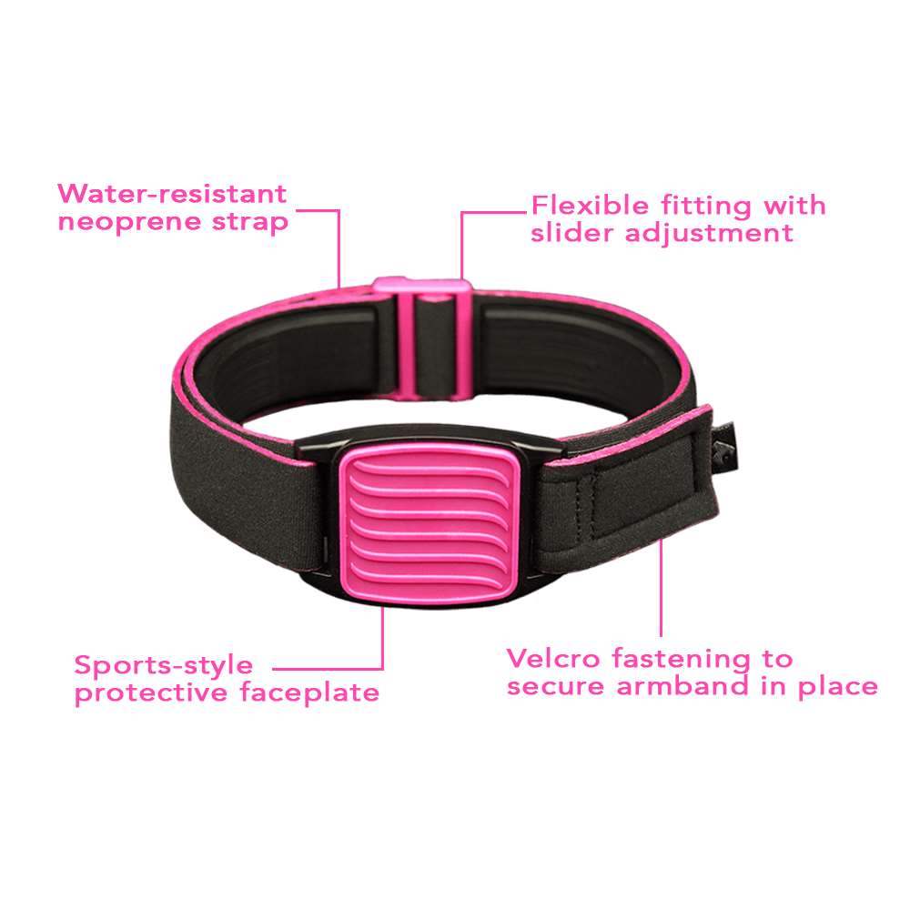 Highlights of 4 design features of Libreband armband cover in magenta and black, wave design.