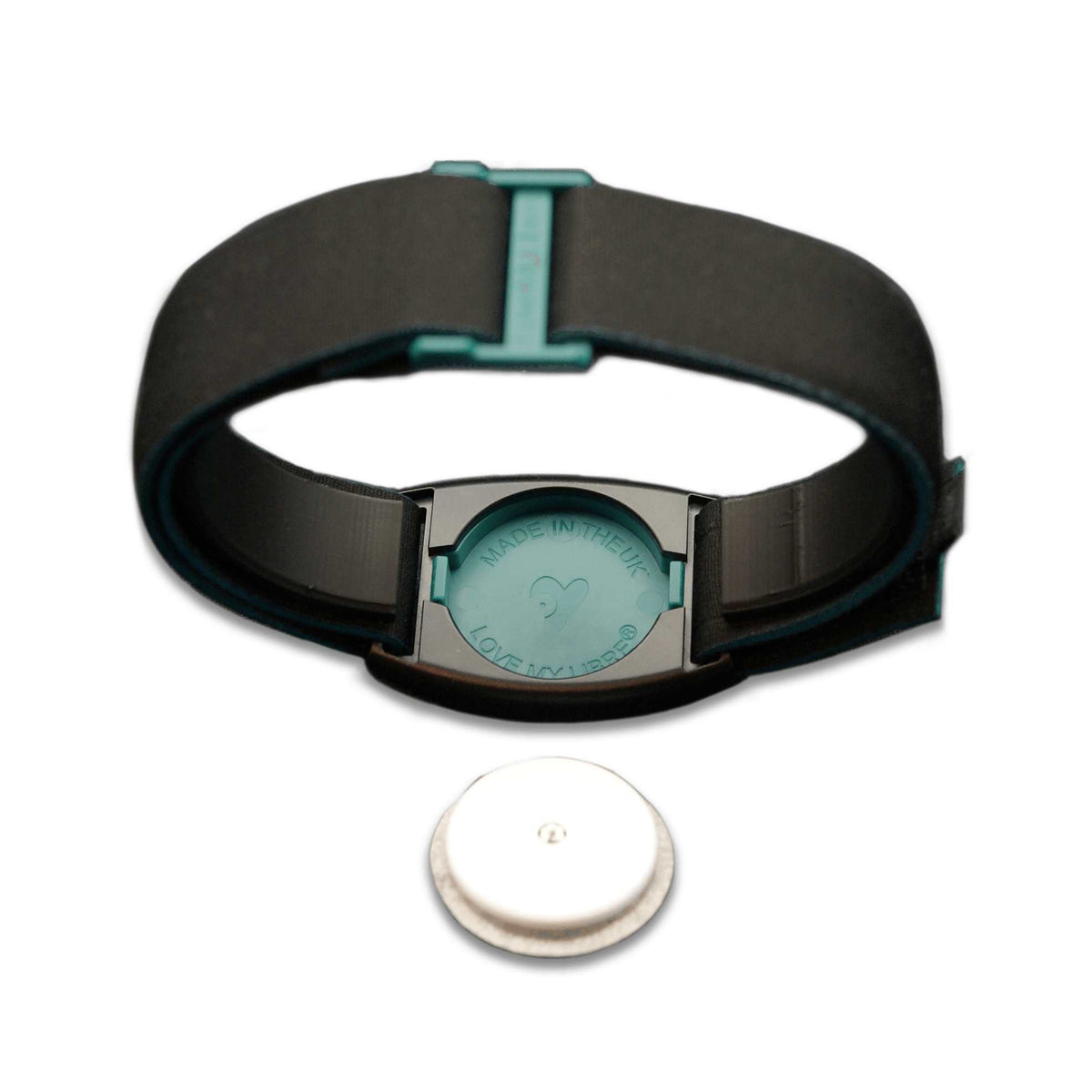Reverse image of Libreband in teal and black. Protection for FreeStyle Libre sensor, shown on image.