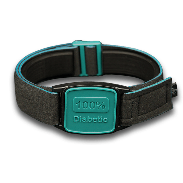 Libreband armband cover in teal with 100% Diabetic design. Black strap edged in coordinating teal. 