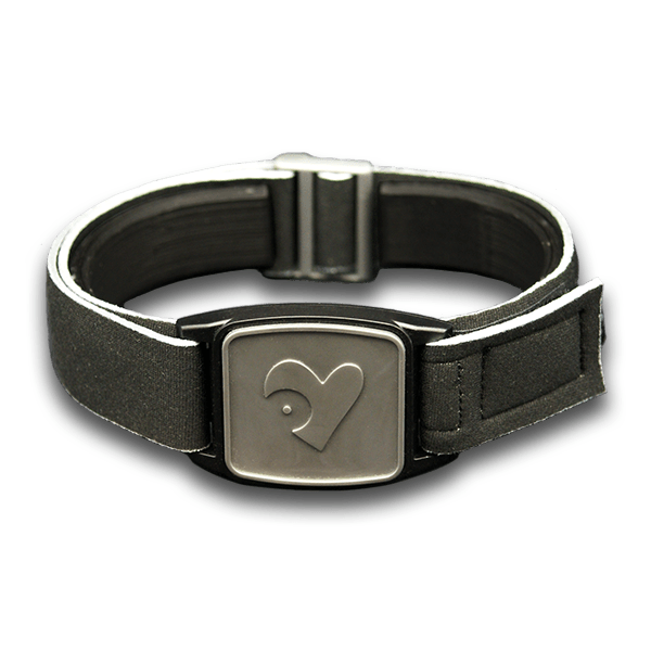 Libreband armband cover in pewter with heart design. Black strap edged in coordinating pewter. 