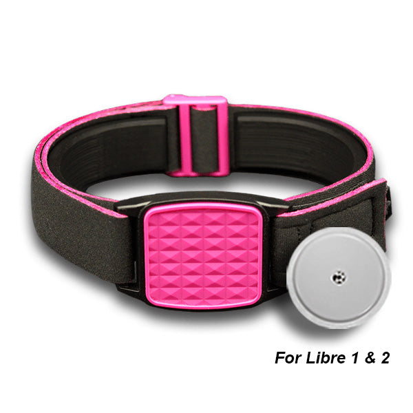 Libreband Armband for Freestyle Libre 1 &amp; 2. Magenta cover with Pyramids design. Shown with Freestyle Libre 2 sensor.