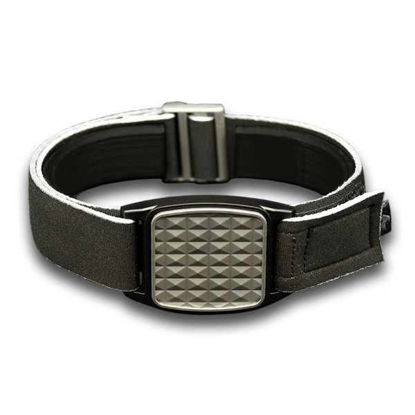 Libreband armband cover in pewter with pyramids design. Black strap edged in coordinating pewter. 