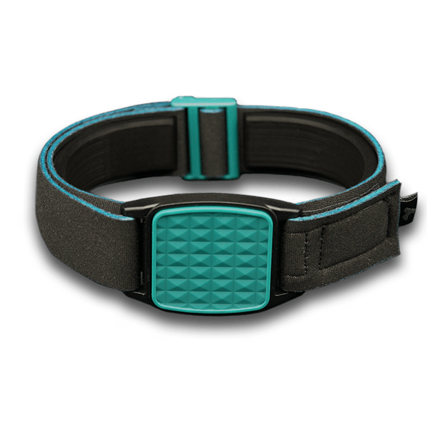 Libreband armband cover in teal with pyramids design. Black strap edged in coordinating teal. 