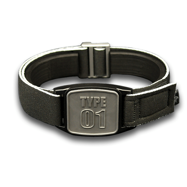 Libreband armband cover in pewter with type 01 design. Black strap edged in coordinating pewter. 