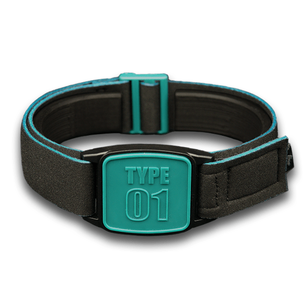 Libreband armband cover in teal with type 01 design. Black strap edged in coordinating teal. 