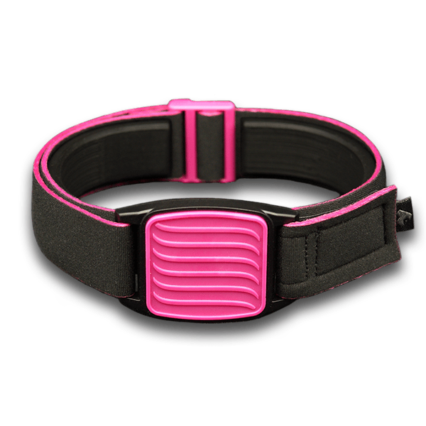 Libreband armband cover in magenta with wave design. Black strap edged in coordinating magenta. 