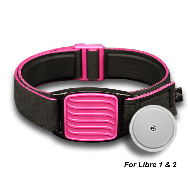 Libreband armband cover in magenta with wave design. Black strap edged in coordinating magenta. Shown with Freestyle Libre 2 sensor.
