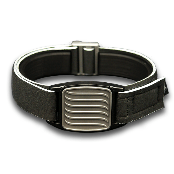 Libreband armband cover in pewter with wave design. Black strap edged in coordinating pewter. 