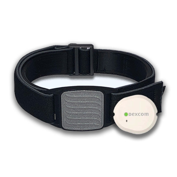 Dexband armband for Dexcom G7 CGM. Pewter cover with Wave design. Shown with Dexcom G7 sensor.