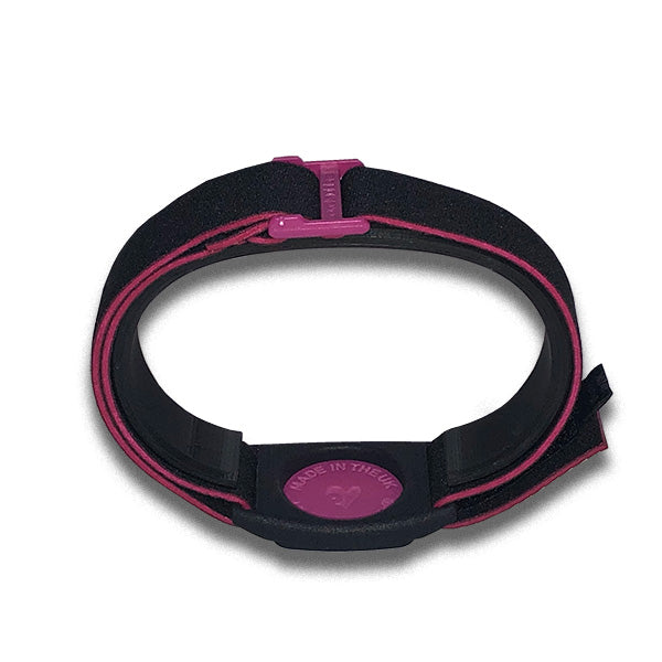 Dexband armband for Dexcom G7 CGM in reverse with magenta cover.