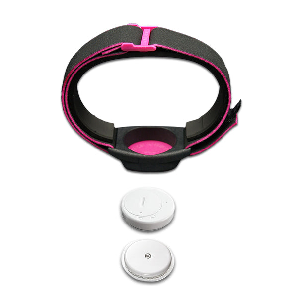 Libreband+ armband for Blucon in reverse with magenta cover. Shown with Freestyle Libre 2 sensor.