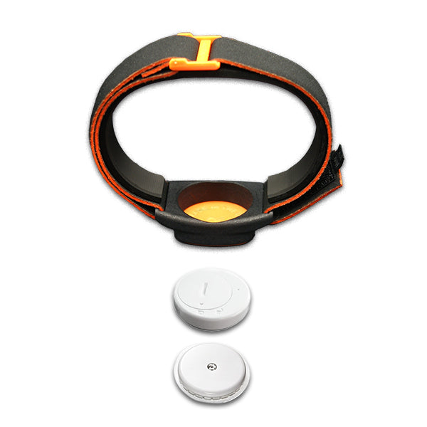 Libreband+ armband for Blucon in reverse with orange cover. Shown with Freestyle Libre 2 sensor.