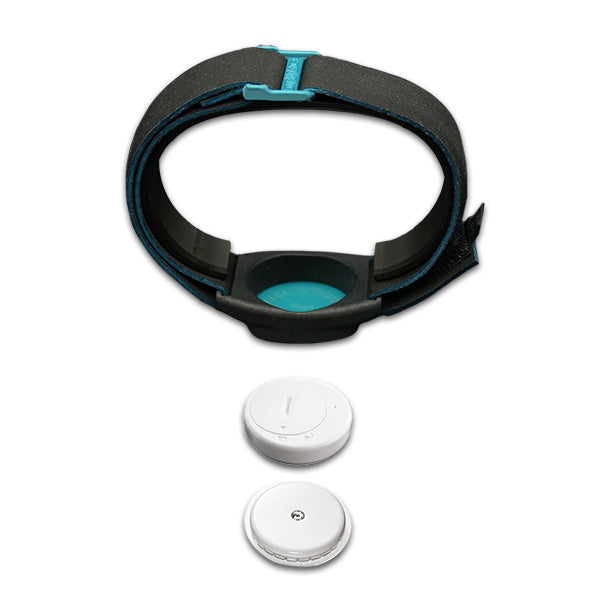 Libreband+ armband for Blucon in reverse with teal cover. Shown with Freestyle Libre 2 sensor.