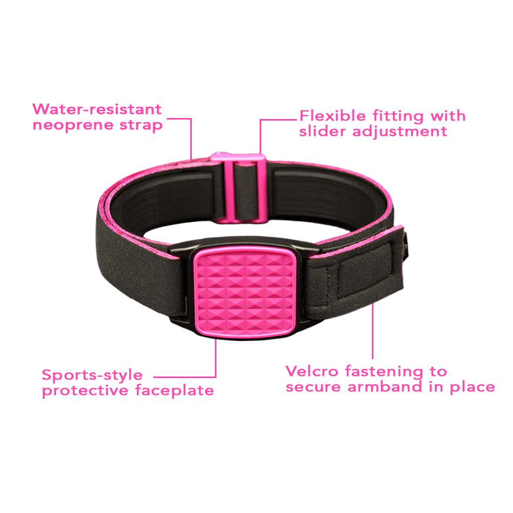 Libreband Armband features highlighted. Magenta cover with Pyramids design.