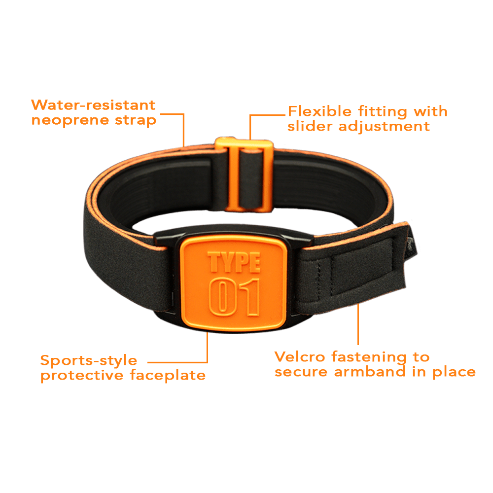 Libreband Armband features highlighted. Orange cover with TYPE 01 design.